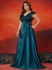 Elegant V-Neck Sequin Evening Gown - Satin A-Line Long Dress for Women