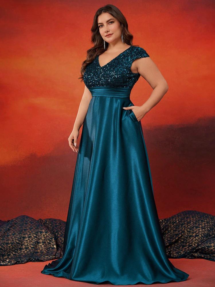 Elegant V-Neck Sequin Evening Gown - Satin A-Line Long Dress for Women