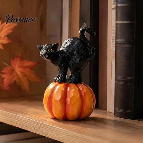 Black Cat Sculpture with Pumpkin Halloween Ornament, Vintage Wood Carving Style Decorative Resin Crafts for Entrance Figurine, Spooky Tabletop