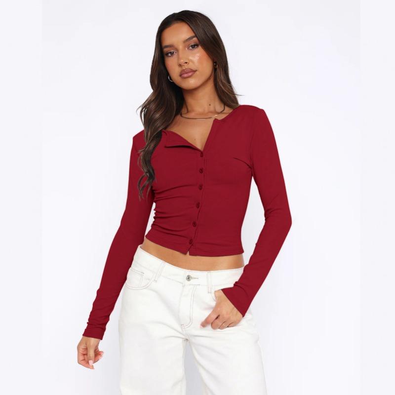 Jesień i Zima Jednolity Kolor Miękki Guzik Krótki Długi Rękaw Kurtka Kardigan Top