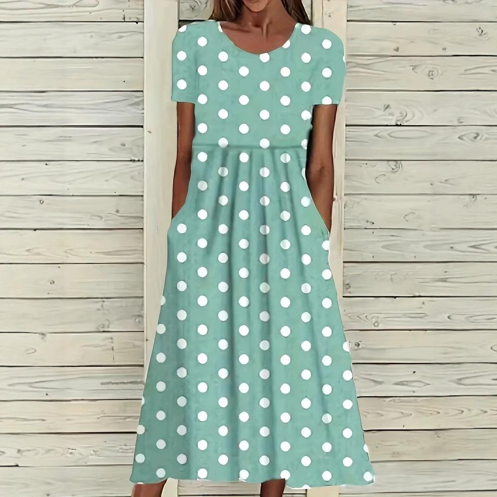 New Summer Fashion Mid-rise Casual Round-neck Polka Dot Printed Short-sleeved Dress for Women