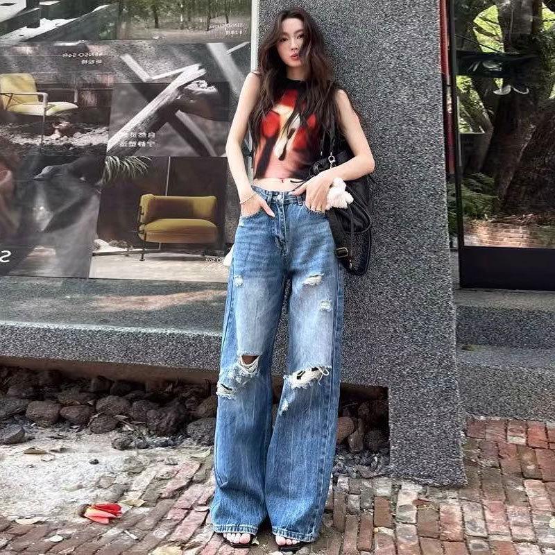 

Retro High-Waist Ripped Straight-Leg Wide Jeans XS