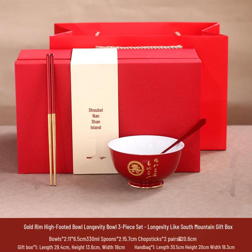 High-Temperature Underglaze Porcelain Longevity Bowl with Chopsticks and Spoon - Ideal Gift for 80th Birthday