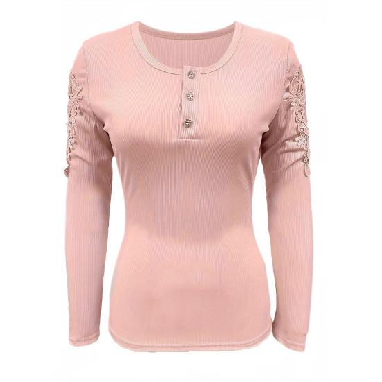 Dame Topp Slim Fit Knappelukking Rund Hals Utsparinger Blonde Patchwork Langermet Tøyelig Ensfarget Myk Pullover Dame T-skjorte