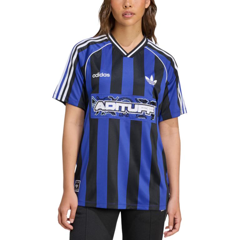Adidas Originals Ss25 Beads Jersey Loose Fit V-Neck Short Sleeve Football Shirt Women Tops Fluorescent-Blue Black KD2274