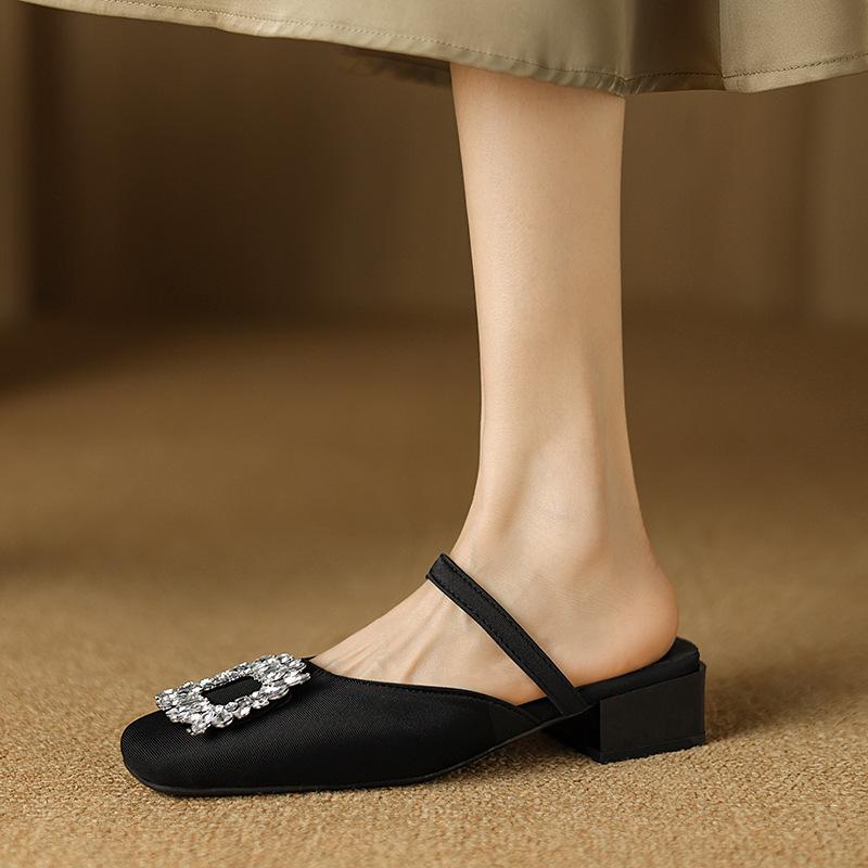 Thick-heeled bag head slippers women's shoes new summer square head rhinestone Mary Jane single shoes