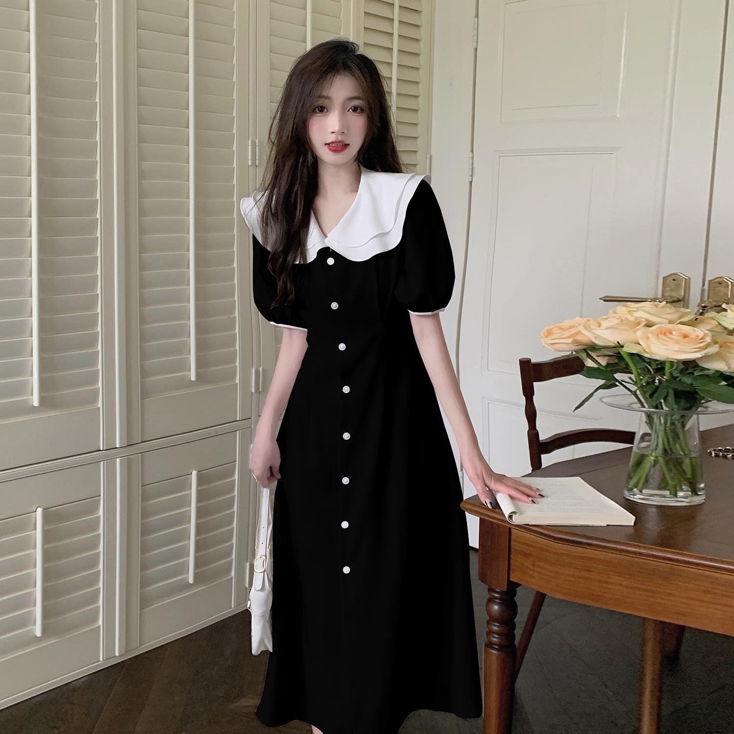 

Летнее платье с кукольным воротником, женское французское платье с длинной юбкой, женская летняя модная женская одежда больших размеров S чёрный