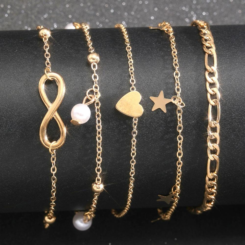 5 Stück Boho Sommer Strand 8 Unendlichkeit Charme Fußkettchen Set Damen Kette am Bein Perle Schmetterling Stern Herz Anhänger Fußkettchen Vintage Schmuck