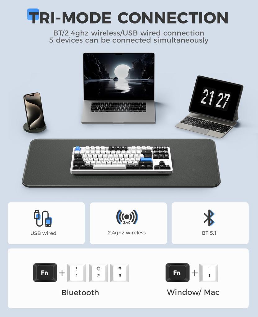 DAREU EK87PRO Mechanical Gaming TKL USB English Gasket Cloud Switches Red Keyboard, Wireless, Tenkeyless, 80% Keyboard, 2.4G Wireless/Bluetooth/Wired
