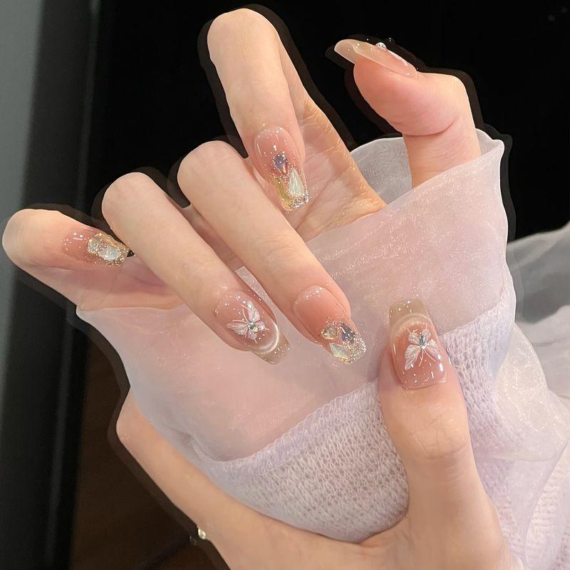 Ks Nail Art Wearable Nails Short Style 2026 New Model High-End Super Popular Cat Eye Handmade High-Quality Nude Color Stunning Nail Pieces