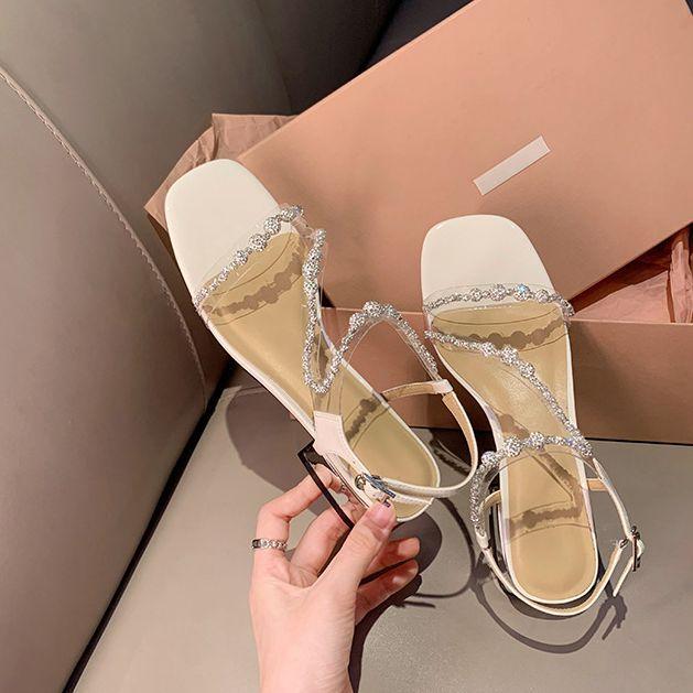 Grape mother studiolee square head flash diamond word with high heels thick heel sandals women's 2025 new summer