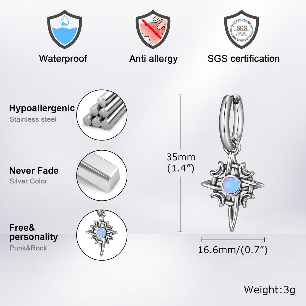 Moonstone Stainless Steel Hoop Earrings for Men Boys,Waterproof Stainless Steel Star Ear Drop,New Fashion Hiphop Zircon Gifts