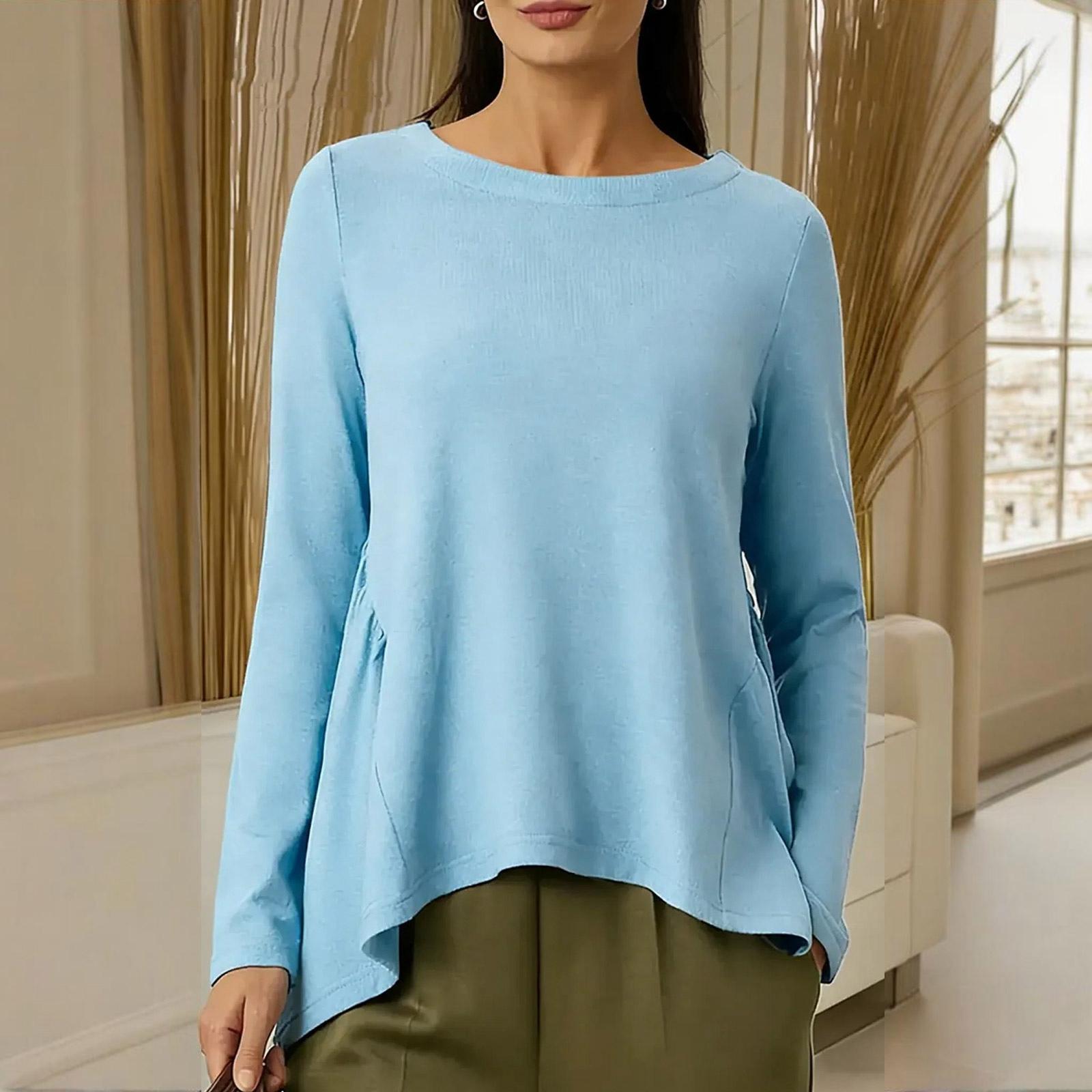 

Women s Fashionable Casual Solid Color Versatile Round Neck Long Sleeve Pleated T-Shirt L