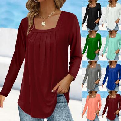 Women's Tops Fashion Clothing Spring and Autumn T-shirt Pleated Square Neck Long Sleeve Solid Color Pullover Casual Shirts Female