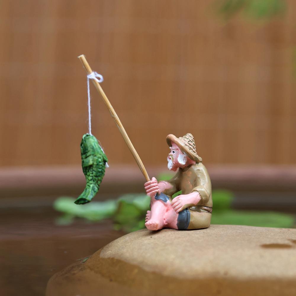 Mini Fishing Decorative Ornaments Landscaping Ornaments with Fishing Rod Aquarium Decoration Fish Tank DIY Cartoon