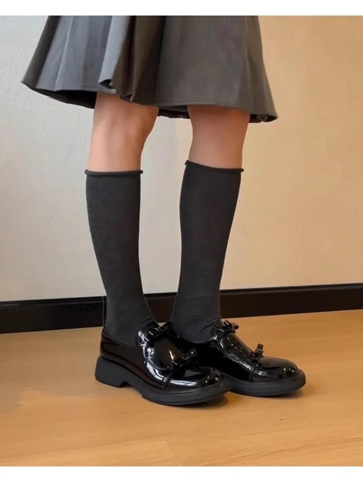 

Genuine Leather Thick Heel Mary Janes Women s Shoes British Style French Butterfly Knot Slip-On Flat Heels Korean Version Summer 40 чёрный