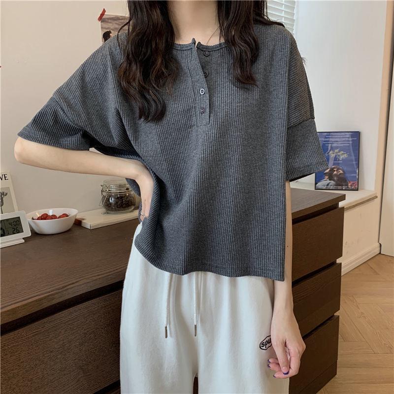Women's V-neck Pullover Short Sleeve Summer New Casual Knitting Loose Top Solid Color T-shirt