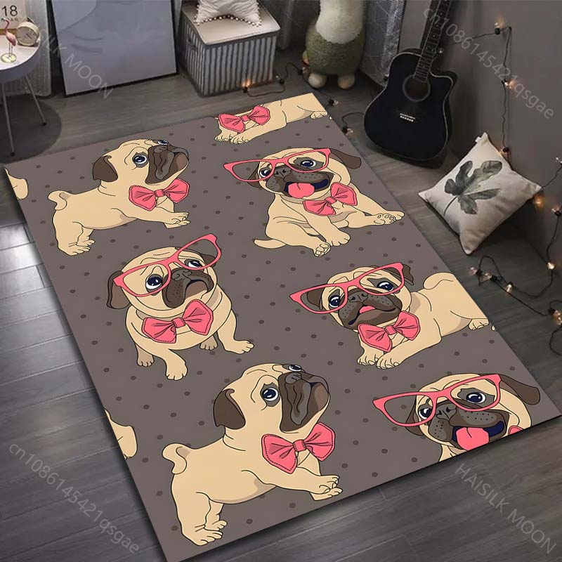 17 Stile Niedlicher Mops-Druck Teppich für Wohnzimmer Schlafzimmer Sofa Fußmatte Heimdekor Bereichsteppich Rutschfeste Bodenmatte Große Größe