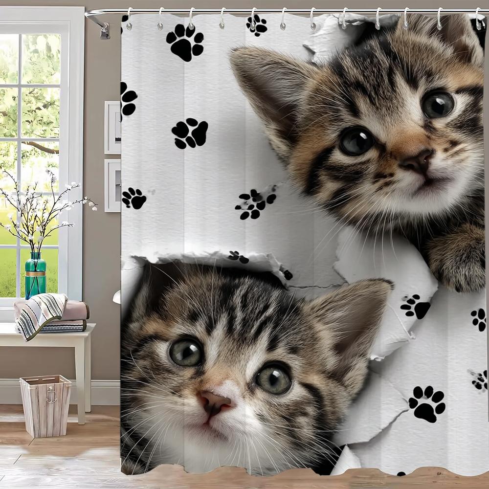 1pc Creative and Interesting Cat with Holes Shower Curtain Bathroom Curtains With Hooks,Printed Curtain Home Decoration Curtain