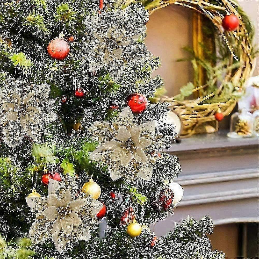 24pcs Christmas Glitter Poinsettia Flowers Artificial Flowers