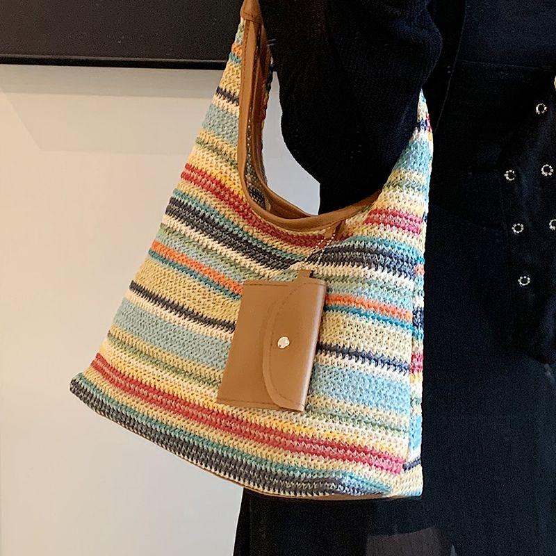 Large Capacity Rainbow Straw Woven Tote Bag - Stylish Shoulder Commuter Bag with Lazy Chic Versatility