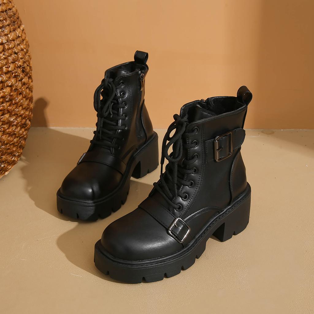 Damen Schnürstiefel mit rundem Zehenbereich, kurzem Schaft und eckigem Absatz für Outdoor, Reisen, Freizeit, mit Knöchelunterstützung