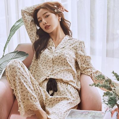 Leopard Print Frauen Pyjama Set Spitze Sexy Langarm Anzug Pijamas Eis Seide Lose Beiläufige Nachtwäsche