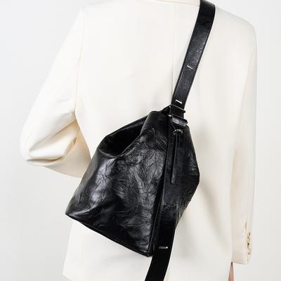 Retro Bucket Bag Women Pleated Genuine Leather Shoulder Crossbody Bag Adjustable Strap Leisure Style Tote Bags