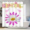Frühlings-Duschvorhang mit leuchtend pinken Flamingos und weißen Gänseblümchen mit buntem Textdesign für die Badezimmerdekoration Weiß Flora