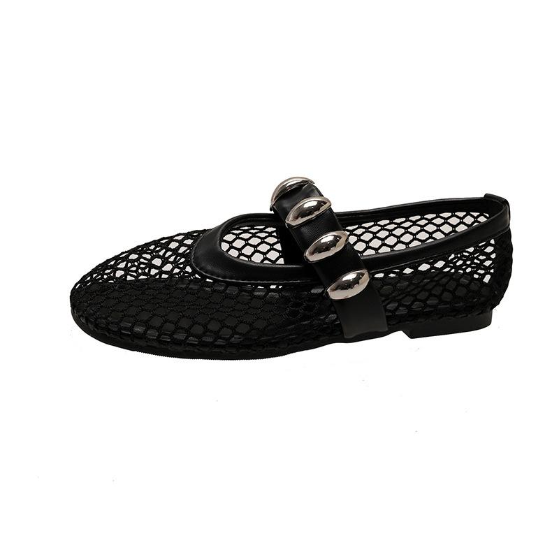 Foreign trade large size metal buckle mesh Mary Jane single shoes women's 2025 summer new European and American fashionable flat comfortable shoes