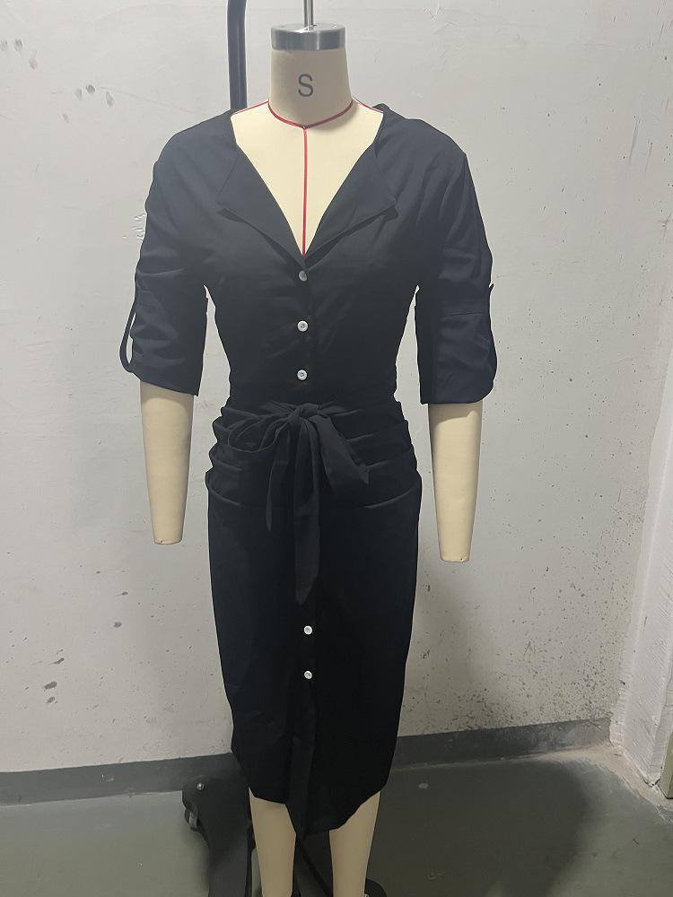 2024 Autumn Solid Color Lapel Waist Tie Slit Dress for Women