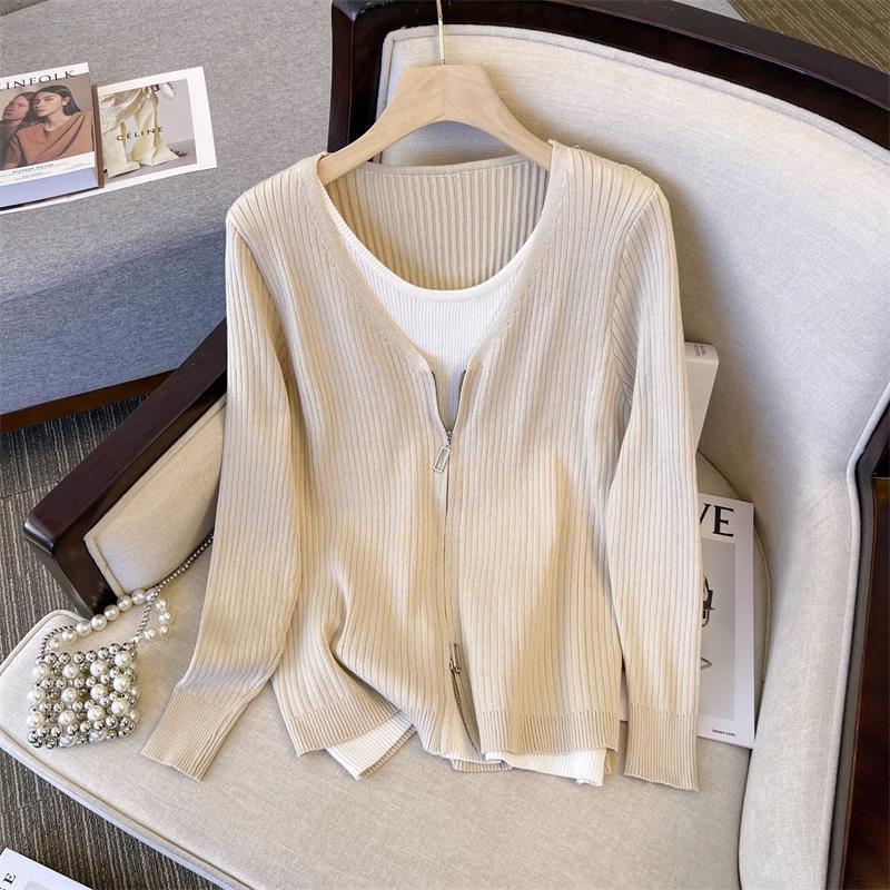 Zipper design sense spring new meat cover thin age reduction sweater fake two tops women