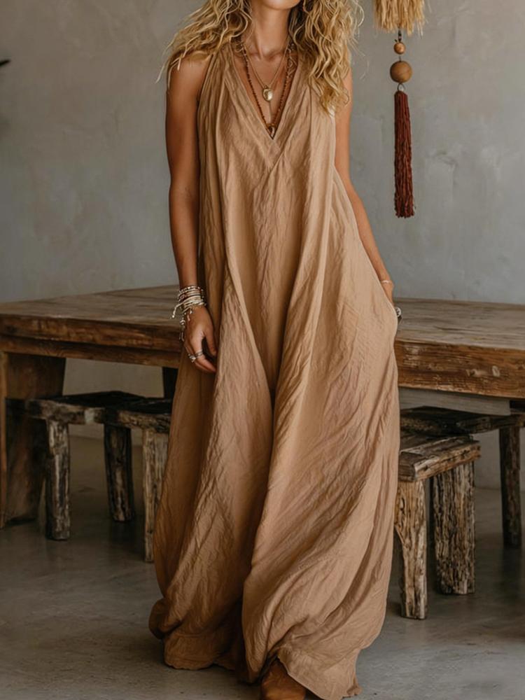 Damen Sommer Locker Ärmellos Schickes Maxikleid, Einfarbig Patchwork Elegantes Partykleid Lässig Einfach V-Ausschnitt Damenkleider