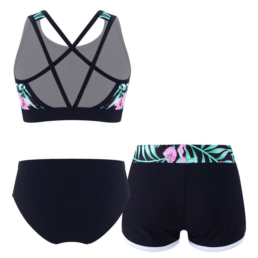Kids Girls 3 Piece Swim Set U Neck Cross Back Crop Top with Swim Shorts and Briefs Beach Pool Rashguard Outfit Sun Protection
