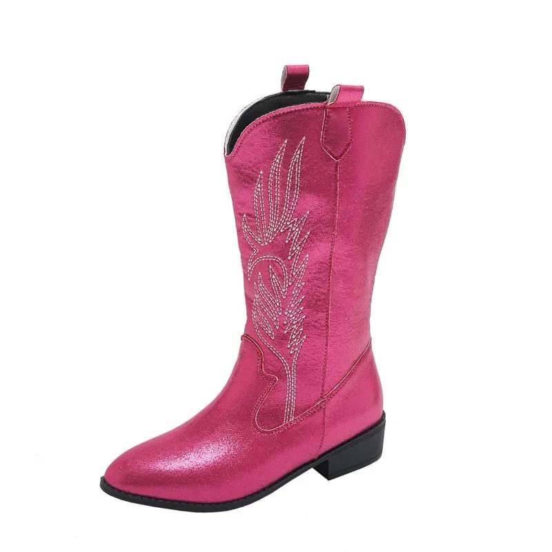 Winter Shoes Female Slip-on Women's Mid-Calf Boots Square Low Heel Casual Embroider Ladies Pink Satin Embroidery Carve Designs