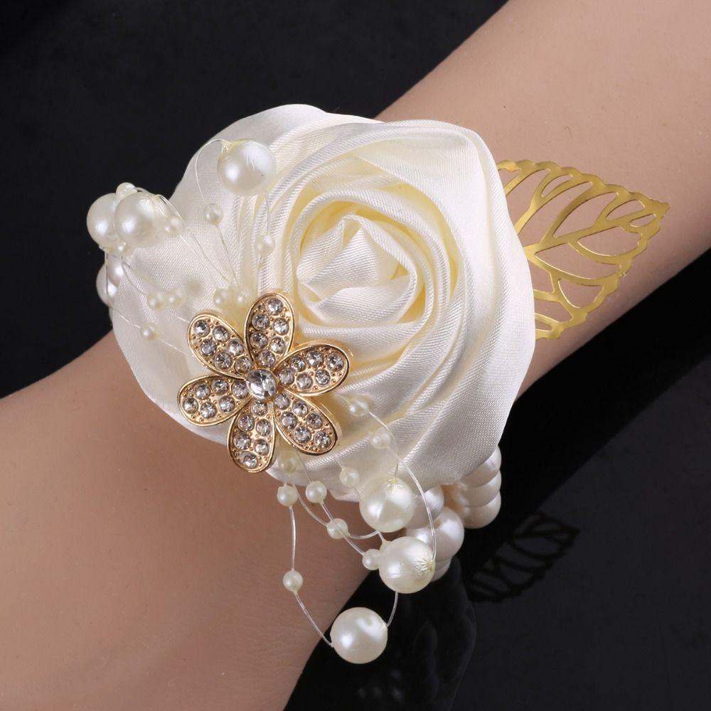 Artificial Rose Bridesmaid Wrist Flowers Pearl Wedding Flower Bracelet Wrist Corsage Girls