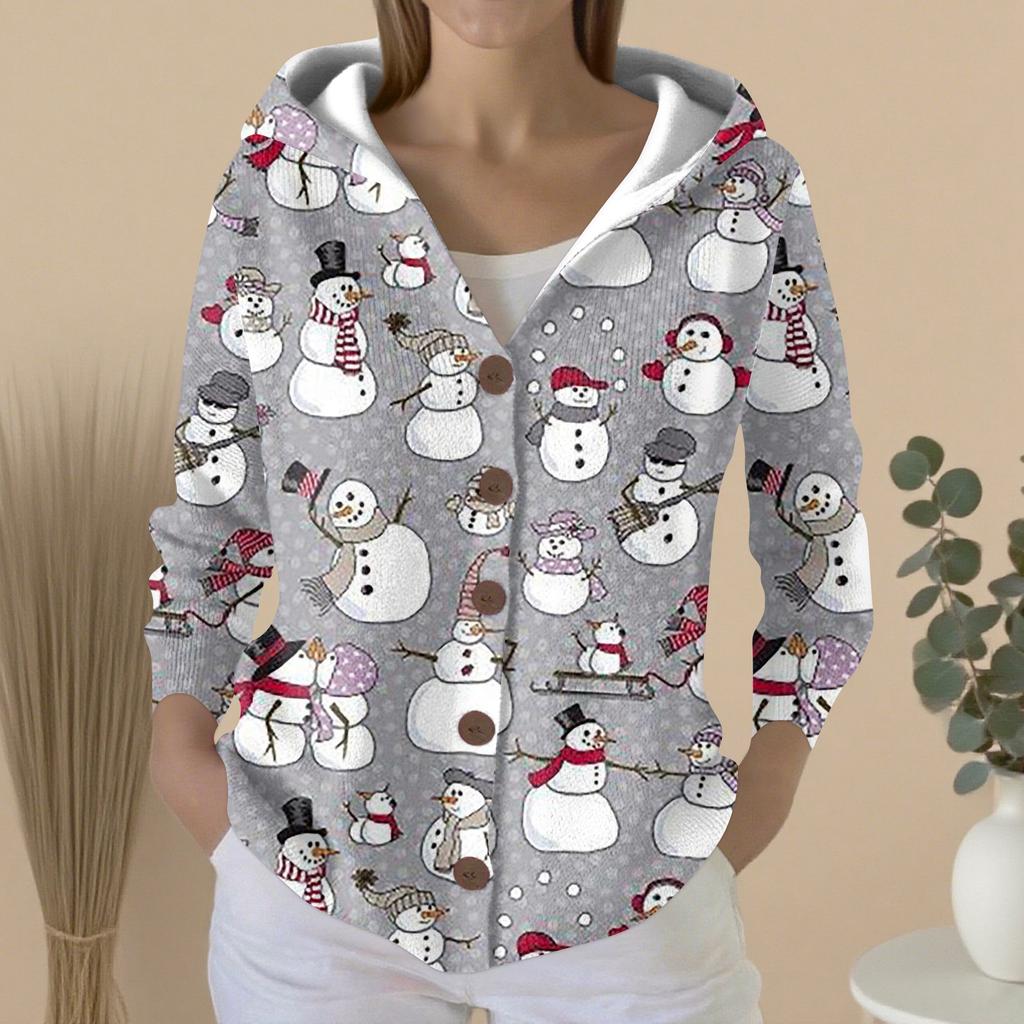 Women's Fashion Casual Sweater Button-Up Print Cardigan  Hooded Jacket