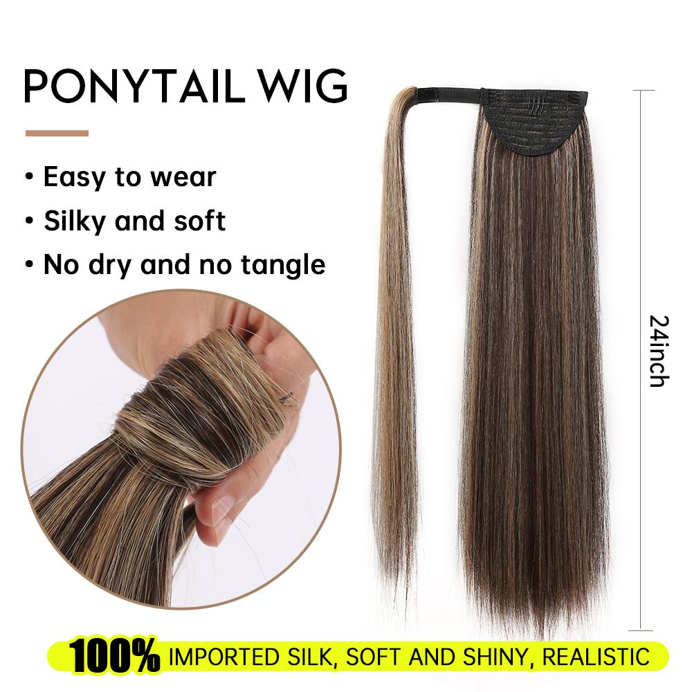 EASIHAIR Long Straight Wrap Around Clip In Ponytail Hair Extension Synthetic Pony Tail Fake Hair Brown Blonde False Afro Hairpieces Wig