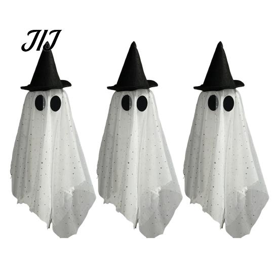 Garden Haunted House Accessories 3 Pcs Halloween Hanging Ghost Decoration, Spooky Large Mesh Easy Storage Props with Witch Hat for Porch, Yard,