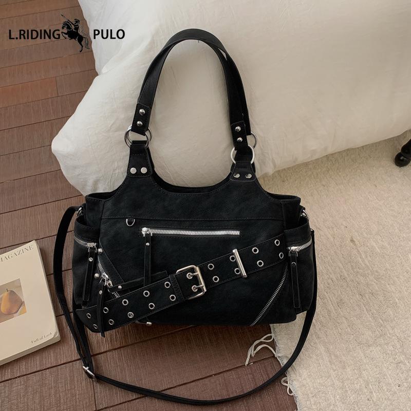 Retro Tote Bag, Large Capacity, Soft Leather Patchwork Crossbody Bag, Fashionable Commuter Studded Motorcycle Bag