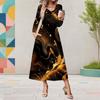 Women Plus Size V Neck Long Sleeve Colorful Printed Pockets A Line Midi Dress