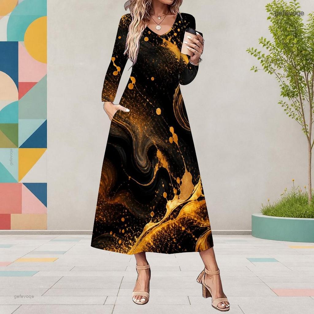 Women Plus Size V Neck Long Sleeve Colorful Printed Pockets A Line Midi Dress