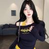 Fake Two-Piece Halter Neck Letter Print Long Sleeve T-Shirt for Women - 2025 Spring/Autumn Pure Desire Fashion Hot Girl Base Layer Top