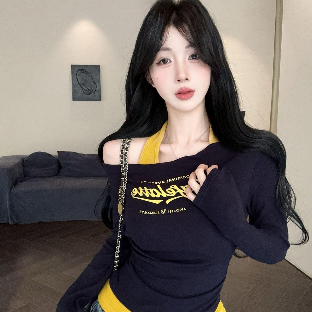 Fake Two-Piece Halter Neck Letter Print Long Sleeve T-Shirt for Women - 2025 Spring/Autumn Pure Desire Fashion Hot Girl Base Layer Top