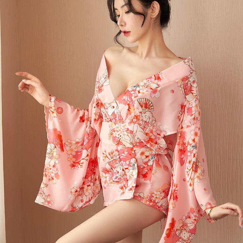 Sexy Dessous Retro-Print Kimono hohle Ärmel sexy Gürtel Leidenschaft Uniform Versuchung
