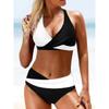 Bikini Set 2 Pezzi Color Block con Schiena Incrociata Scoperta, Costumi da Bagno Elasticizzati con Collo Allacciato dietro la Nuca, Abbigliamento da Bagno & Abbigliamento da Donna
