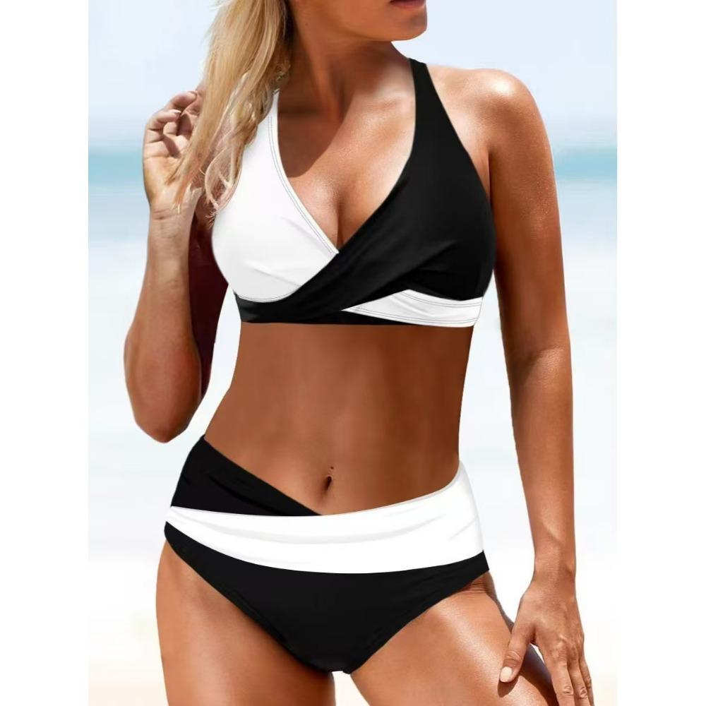 Barevný blok Criss Cross Backless 2dílná sada Bikiny, elastické plavky s ohlávkou, dámské plavky a oblečení