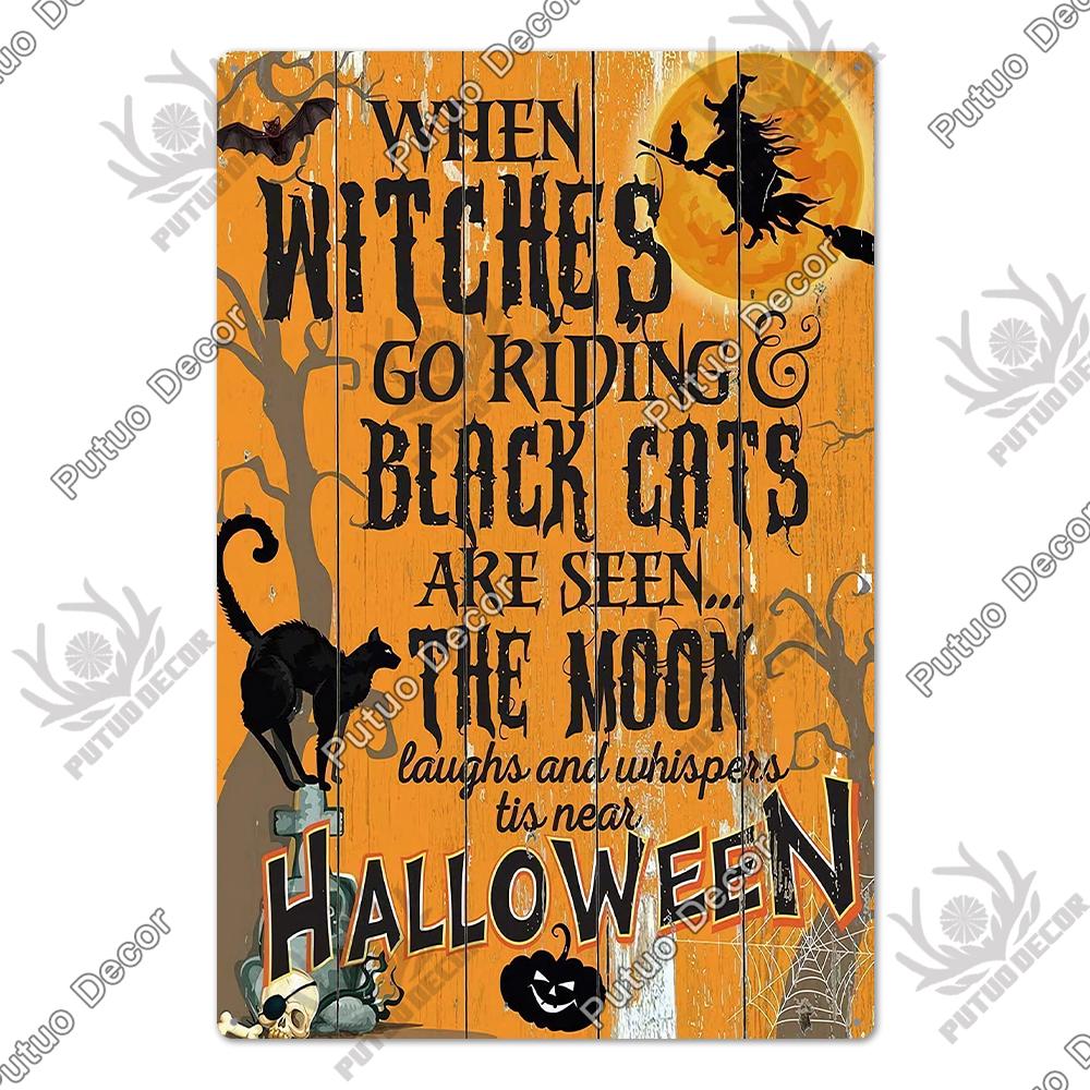 Putuo Decor Halloween Schwarze Katze Vintage Metallschild Plakette Metall Vintage Blechschild für Wohnzimmer Tür Tierhandlung Wanddekoration