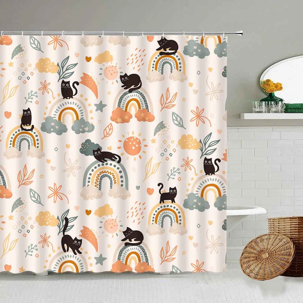 

Мультяшная расписанная вручную шторка для душа с животными, Кошка, Птица, Кролик, Растение, Цветок, Декор для детской ванной комнаты с крючком, Подвесной экран W90xH180cm