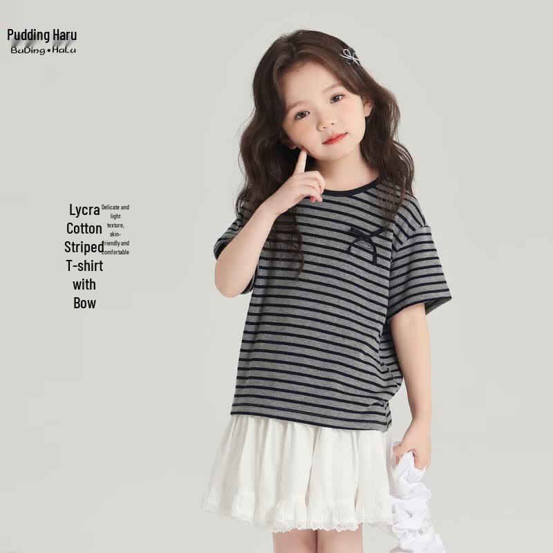 

Pudding Haru Girls Striped Short-sleeved T-shirt with Bowknot 120/56